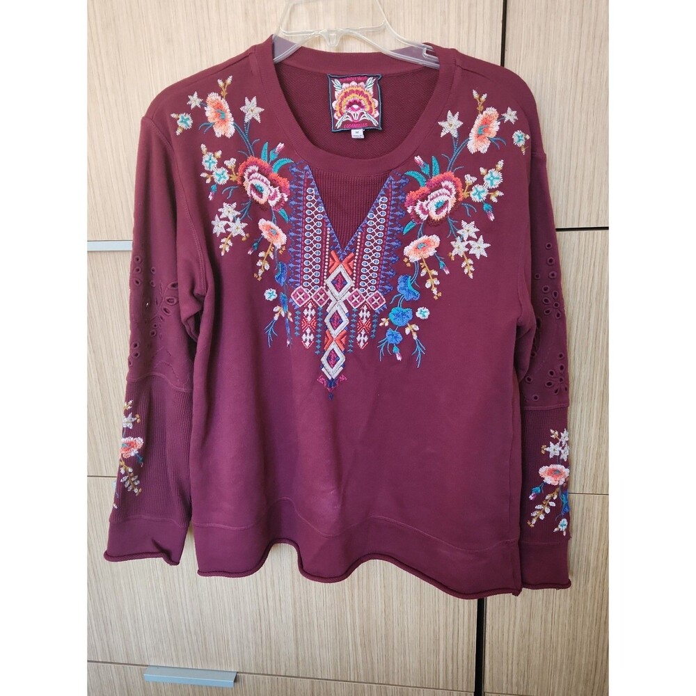 Johnny Was "Isadora" Burgundy Thermal Sweatshirt w/ Floral Embroidery Size M